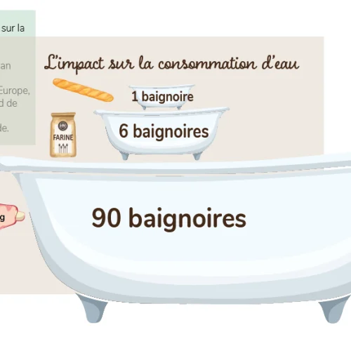 baignoire représentant le nombre de litres d'eau consommées pour produire les aliments