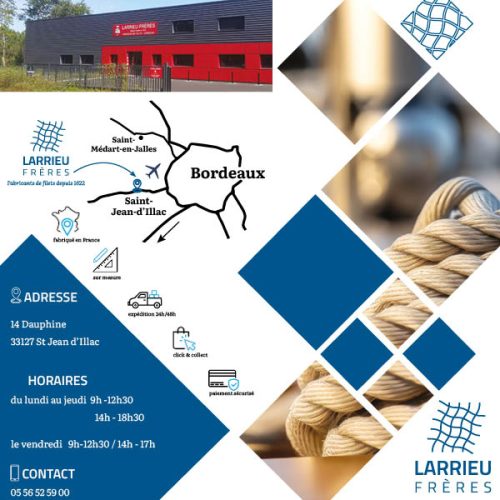 Détail du dépliant montrant la carte pour situer l'entreprise Larrieu Frères. il y a aussi les coordonnées pour la contacter