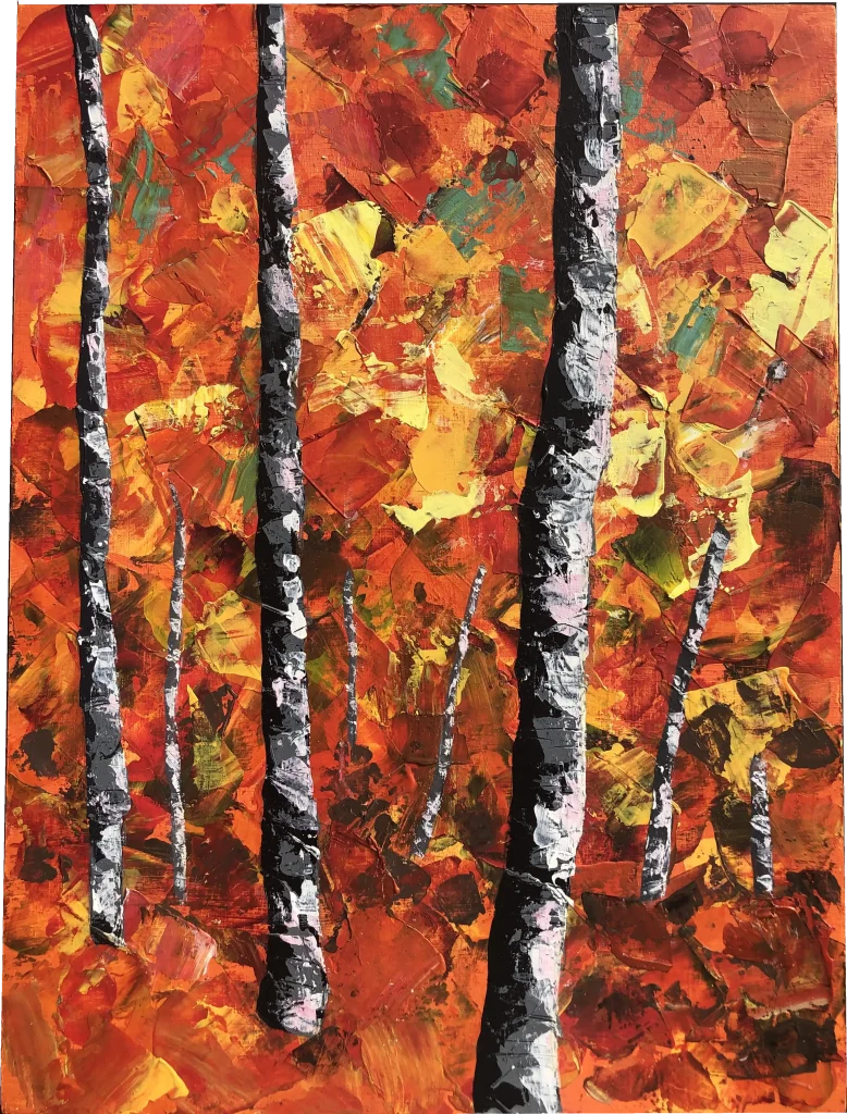 Peinture à l'acrylique représentant une forêt à l'automne