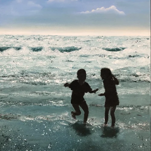 Peinture à l'huile représentant des enfants jouant dans les vagues