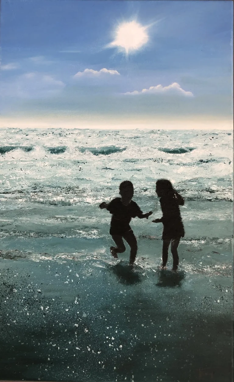 Peinture à l'huile représentant des enfants jouant dans les vagues