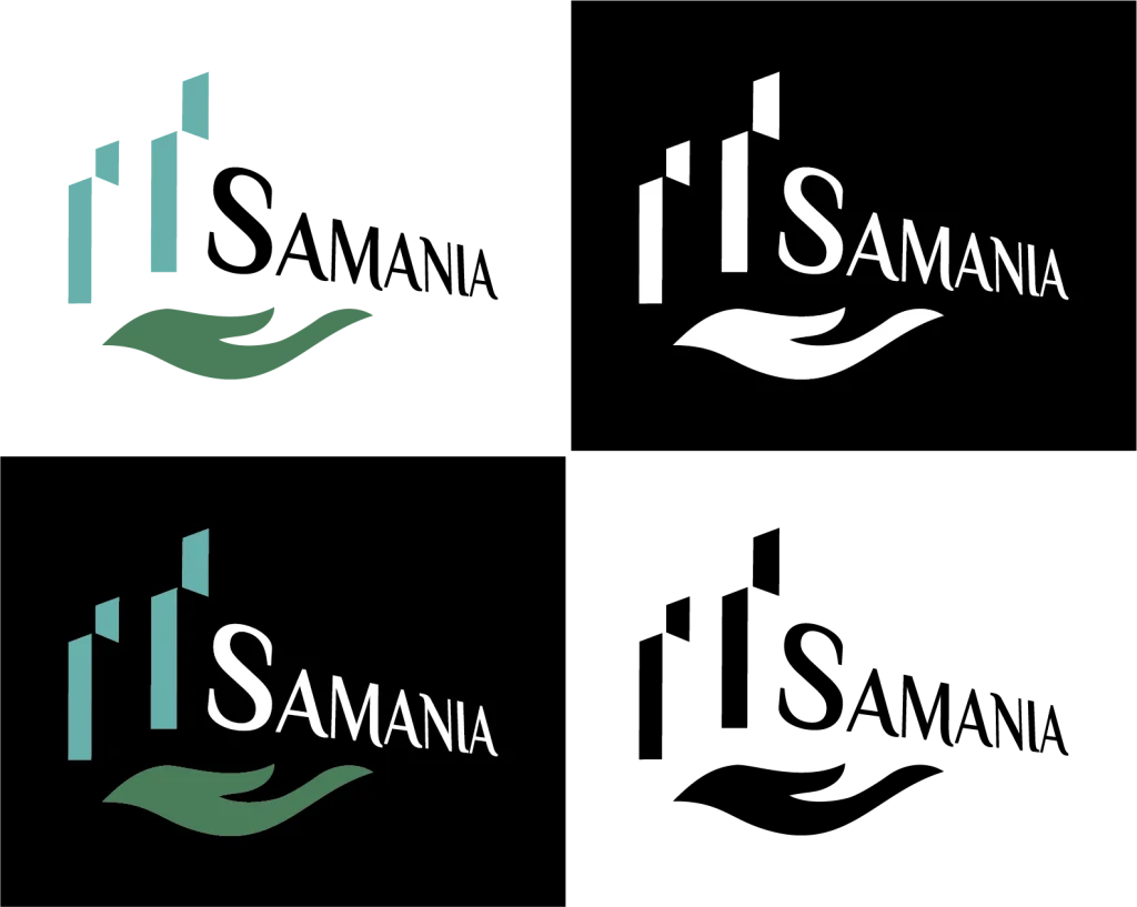 4 logos de Samania en couleur et en noir et blanc