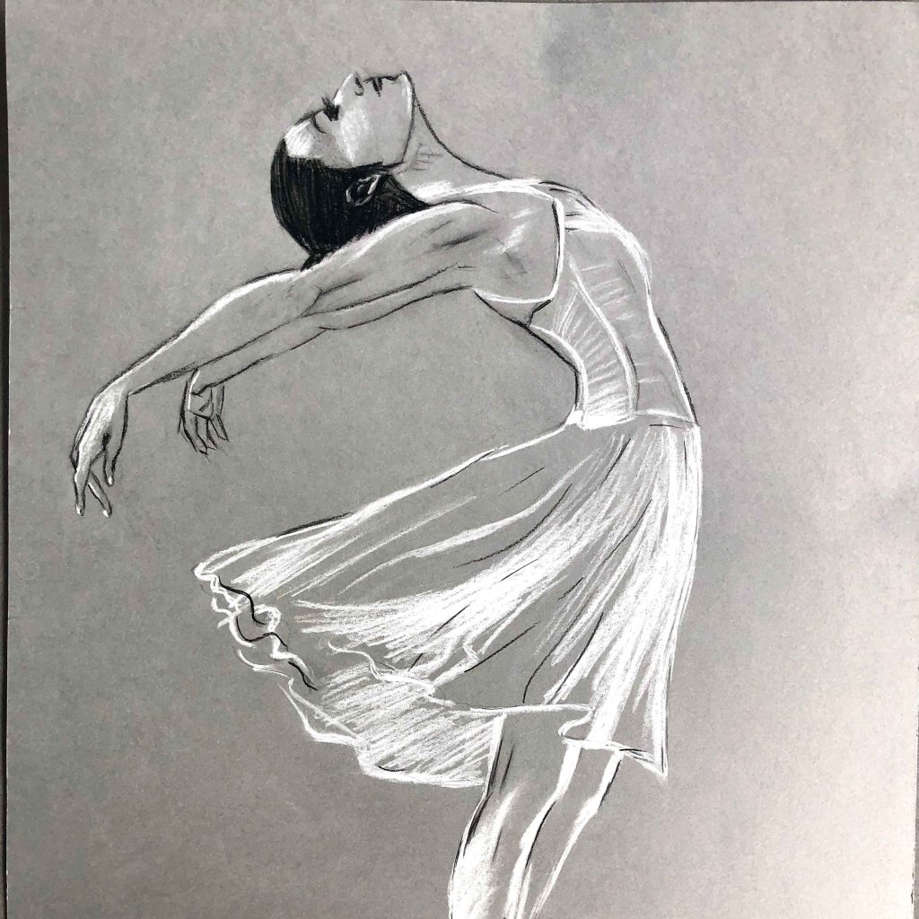 Mise en scène d'une danseuse dessinée à la mine de plomb et à la craie