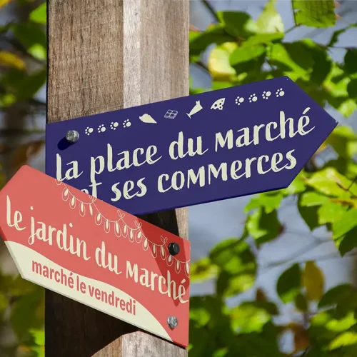 Panneaux de signalisation vers le jardin du marché