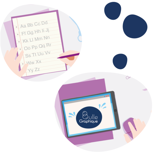 Transition entre l’enseignement et le graphisme – illustration de l’écriture manuscrite et d’une tablette avec le logo Bulle Graphique