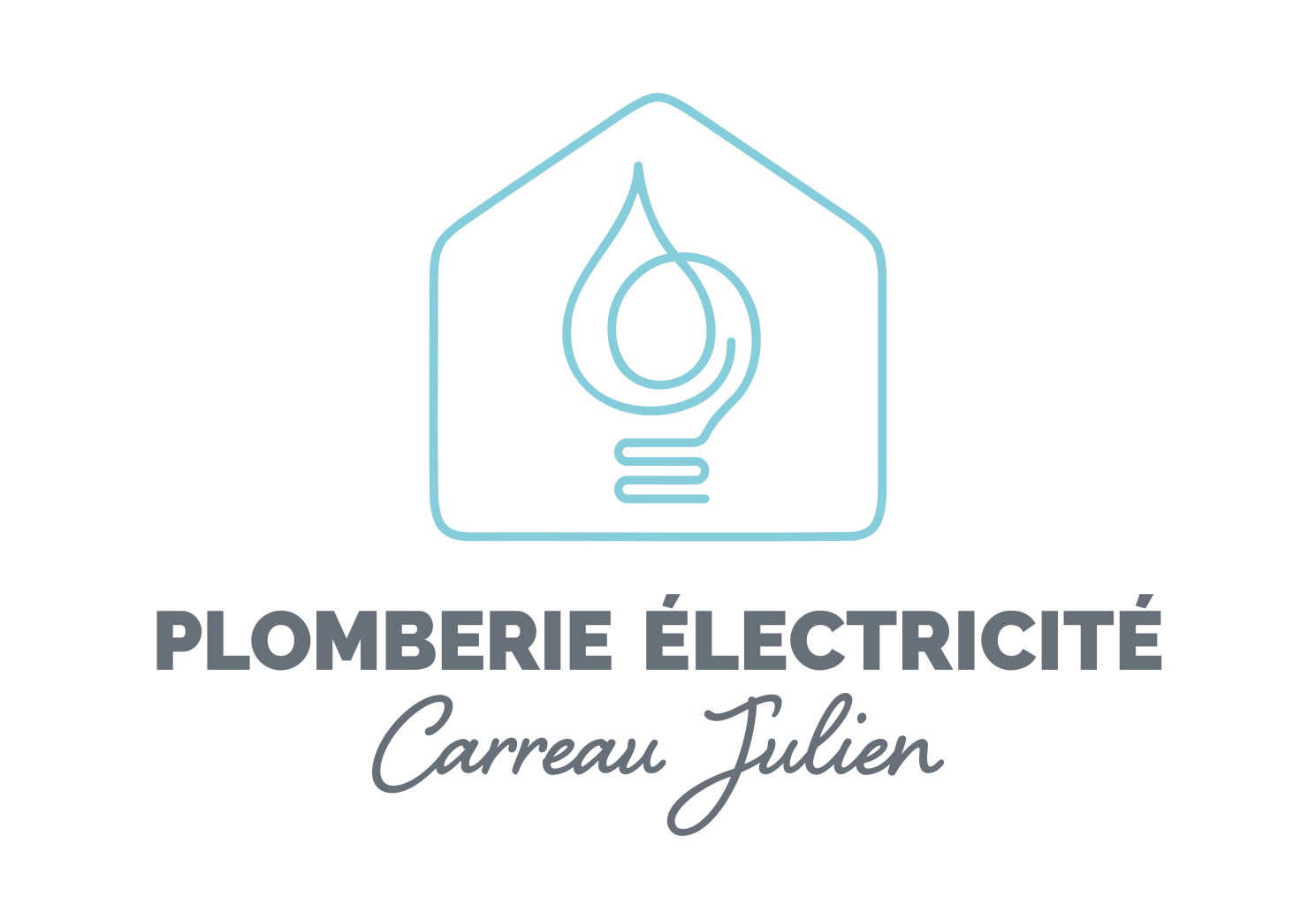 logo de Julien Carreau électricien plombier. Il est fait d'une maison avec une ampoule stylisée à l'intérieur. dessous est écrit : Plomberie électricité, Carreau Julien