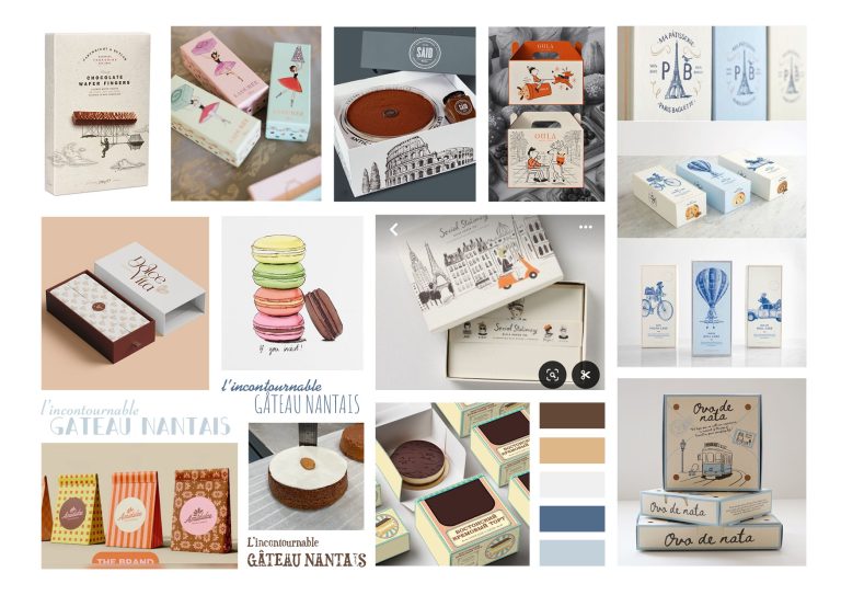 Moodboard de couleurs et typographies utilisé par une graphiste pour créer une identité visuelle de packaging de gâteaux