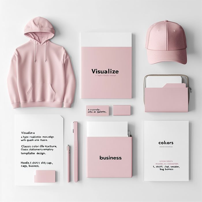 ensemble d'éléments papeterie et goodies d'une marque rose